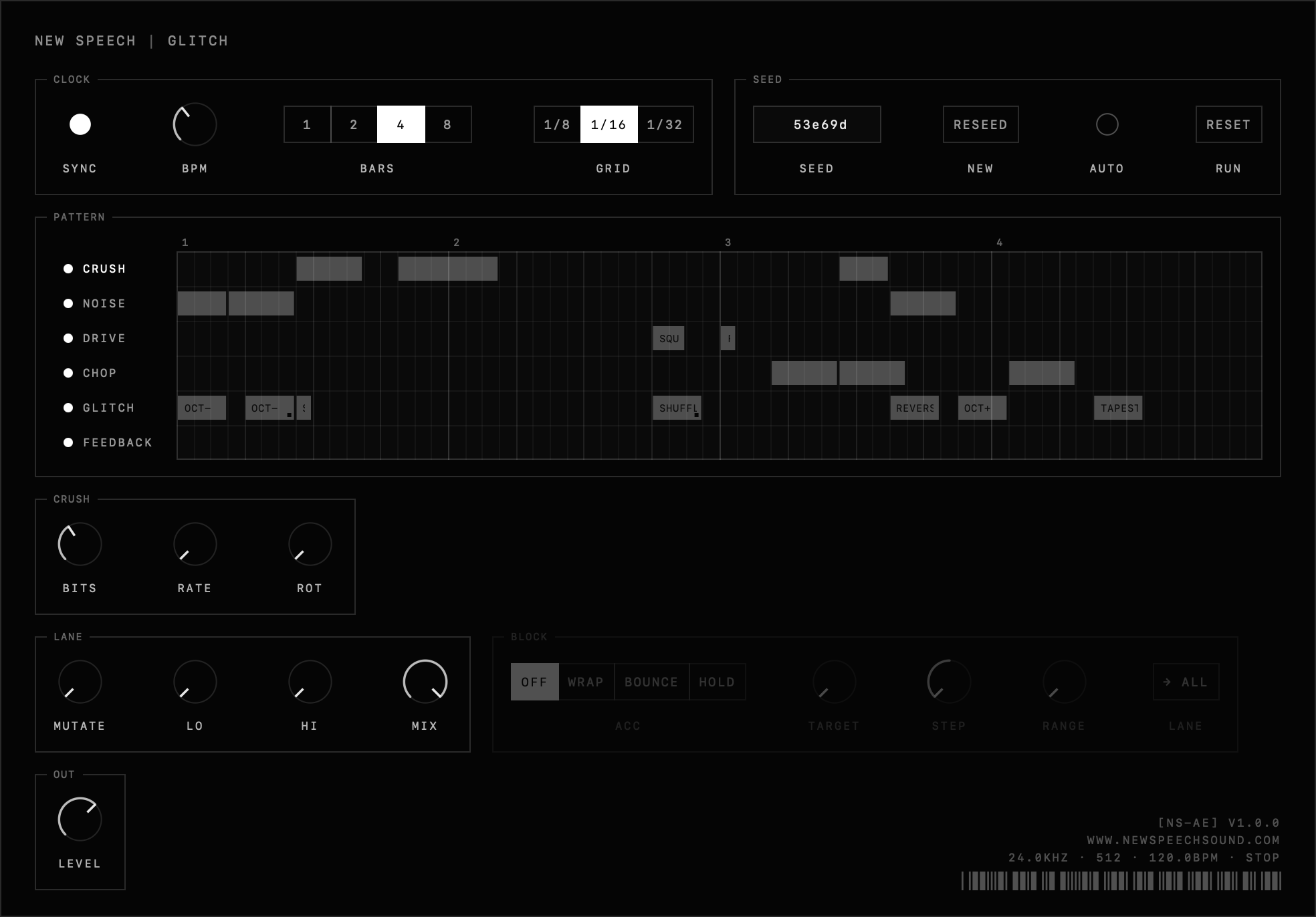 glitch — clock, seed, pattern lanes, stage, lane, block and out sections in the newspeech plugin ui