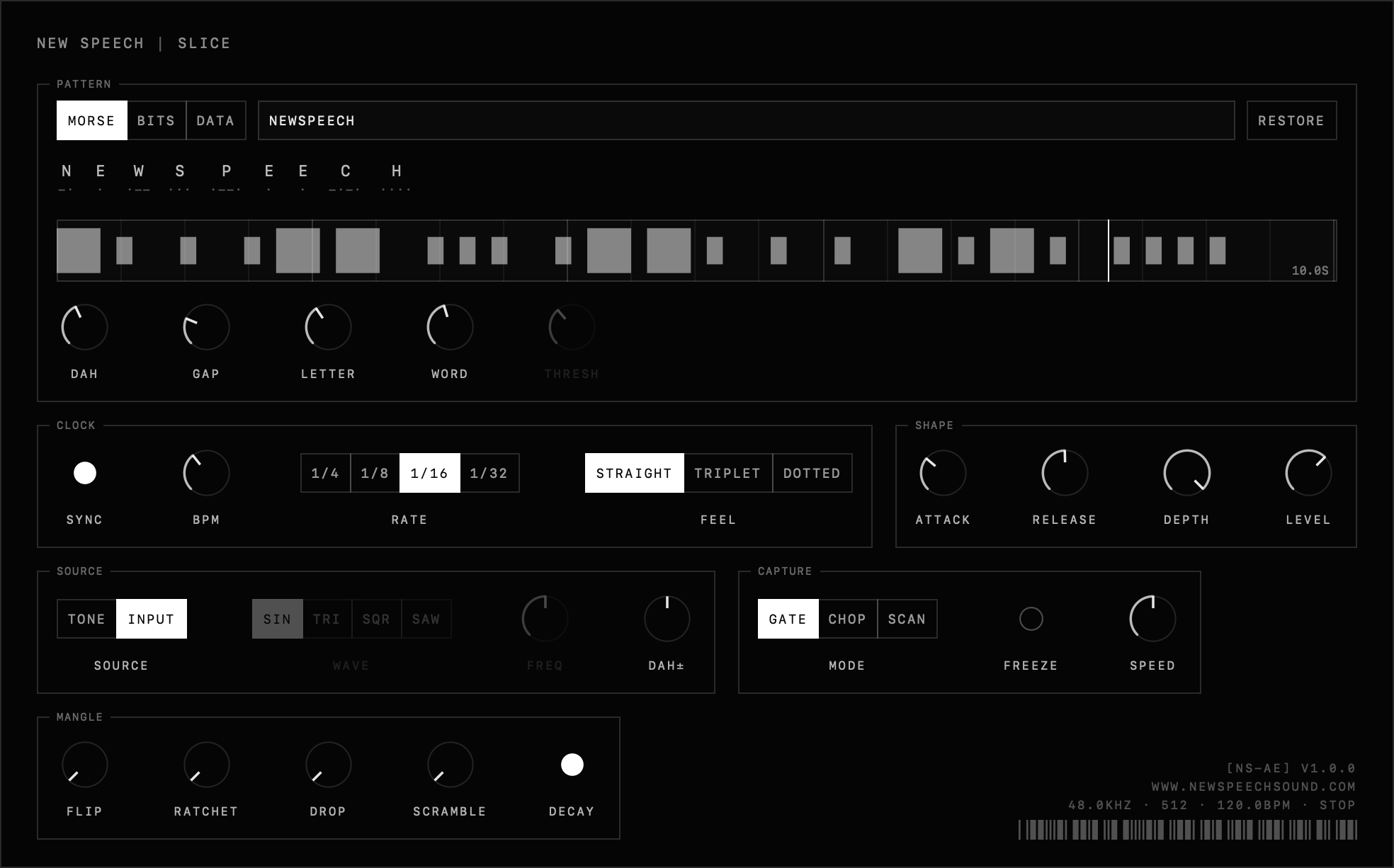 slice — pattern, clock, shape, source, capture and mangle sections in the newspeech plugin ui
