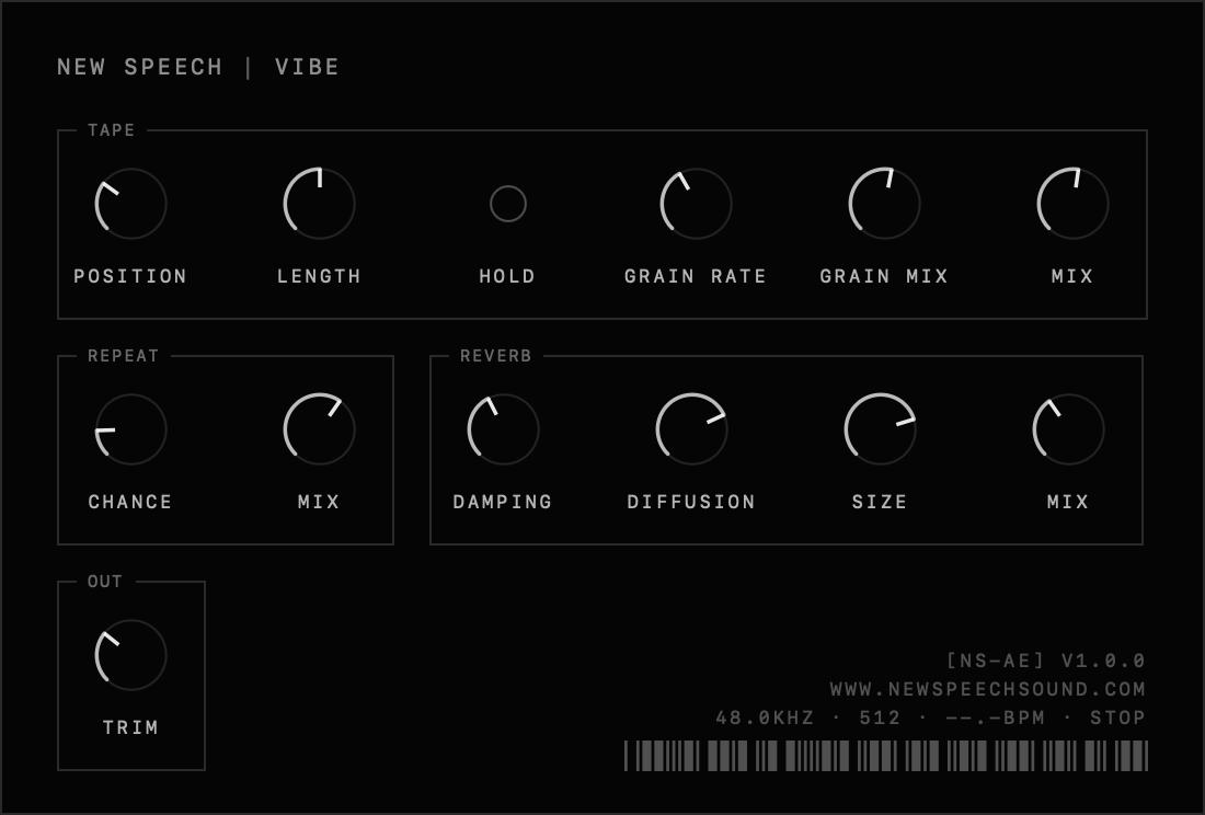 vibe — tape, repeat, reverb and out sections in the newspeech plugin ui